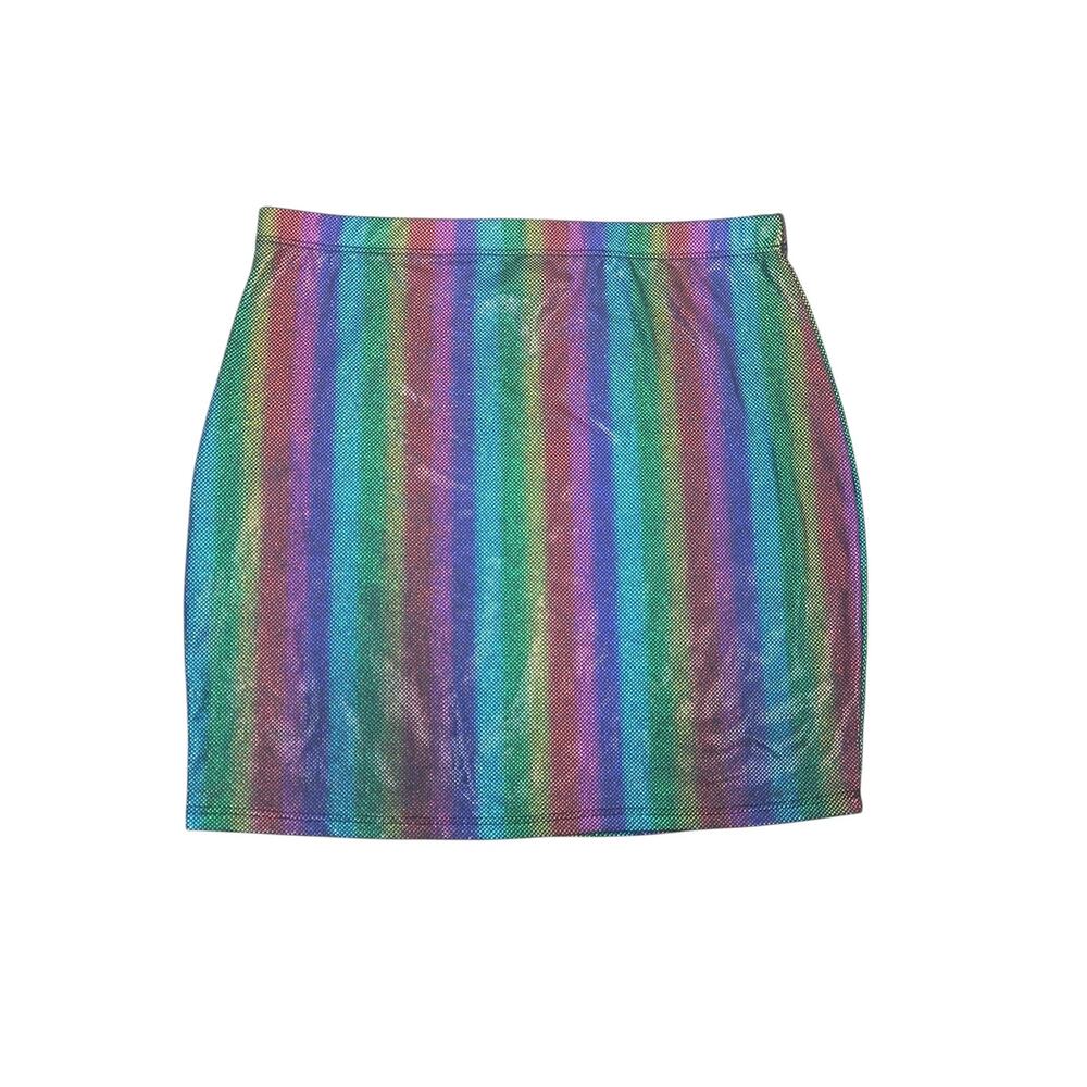 JQ Clothing Shiny Rainbow Stripe Mini Bodycon Skirt S